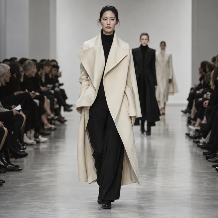 白いランウェイを歩くモデルと、服のシルエットが映えるファッションショー