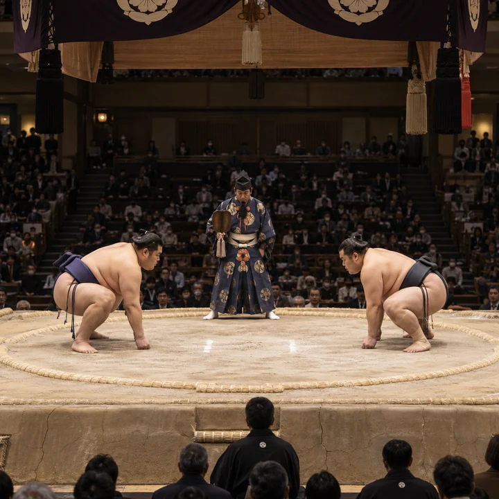 土俵で向かい合う二人の力士と行司、取組前の相撲の情景