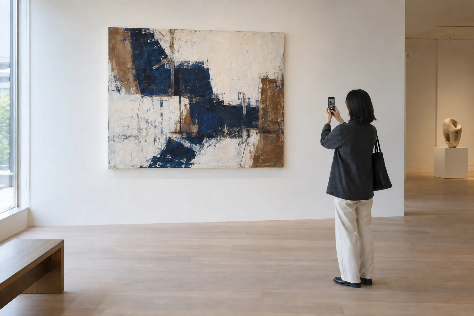 絵画を鑑賞し、写真に残す来場者