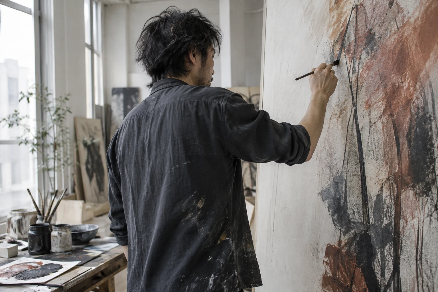 アトリエで絵画を制作する作り手