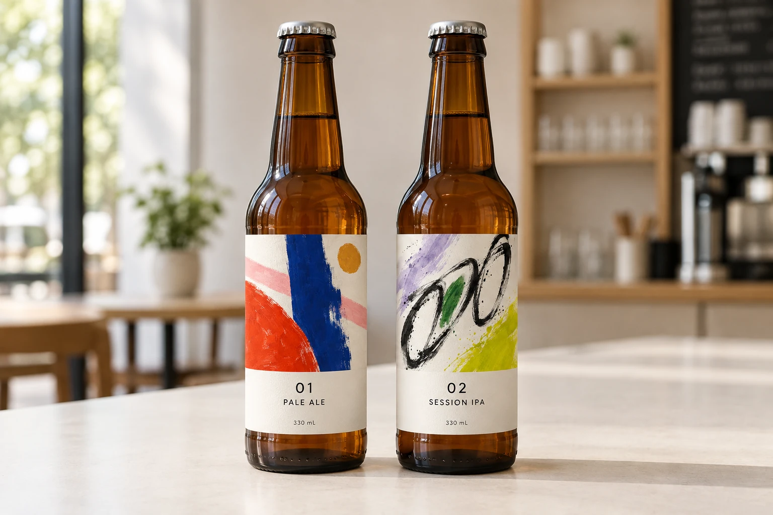 色面と自由な線のアートをラベルに使った2本の瓶ビール
