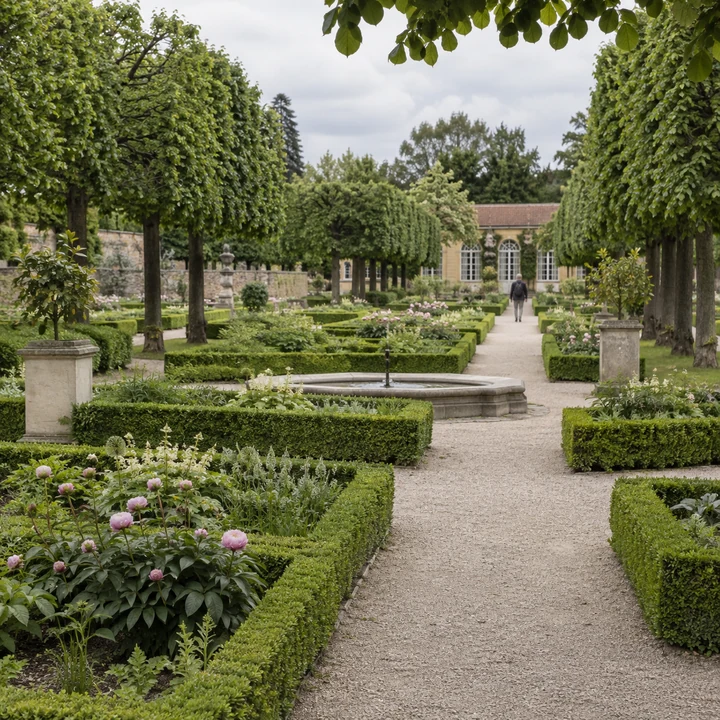 Ein historischer Garten mit Pflanzungen und Wegen