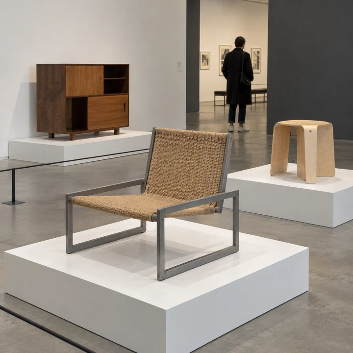 A design exhibition showing the shapes and materials of modern furniture