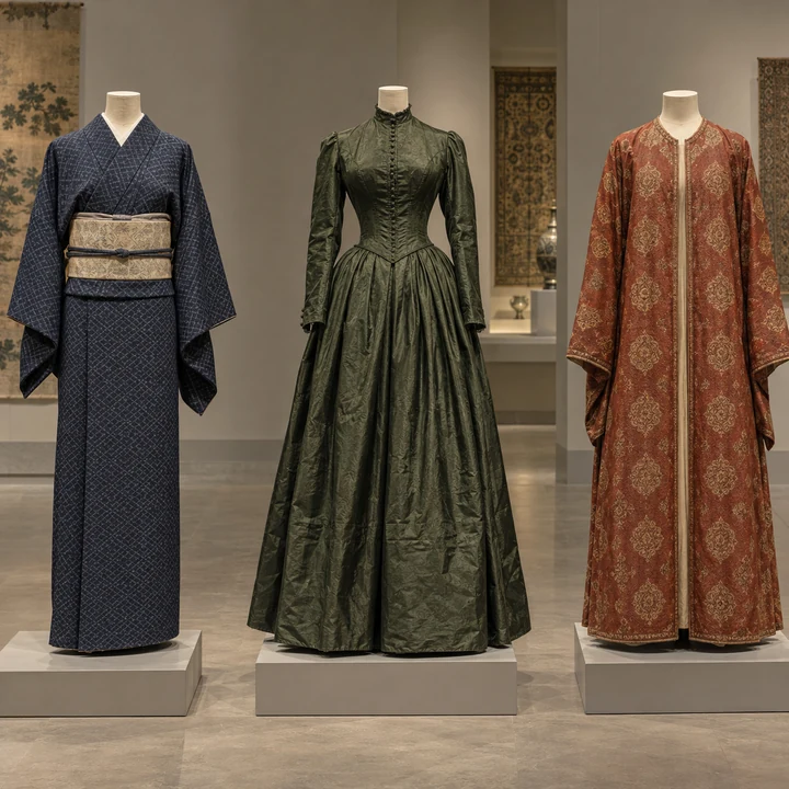 A costume display showing the silhouettes and materials of garments