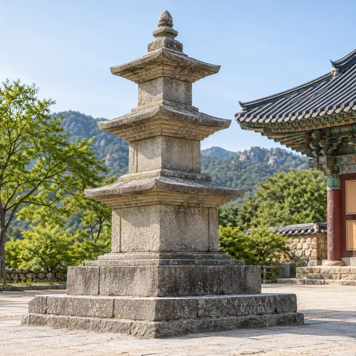 사찰 마당의 풍화된 삼층석탑과 뒤편에 보이는 단청 처마