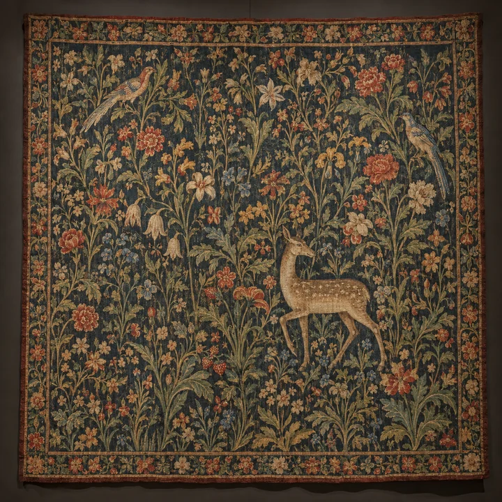Un arazzo con un cervo, uccelli e fitti motivi floreali esposto su una parete scura di museo