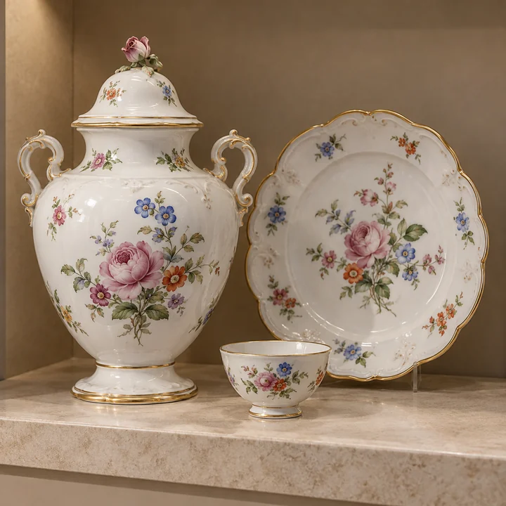 White porcelain vessels and a scalloped plate with hand-painted flowers and fine gilded edges
