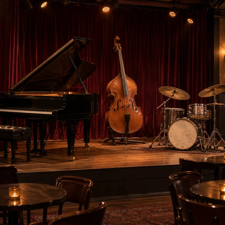 An intimate jazz club stage with a grand piano, an upright bass and drums before a performance
