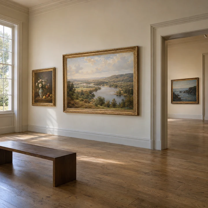 A museum gallery filled with soft natural light