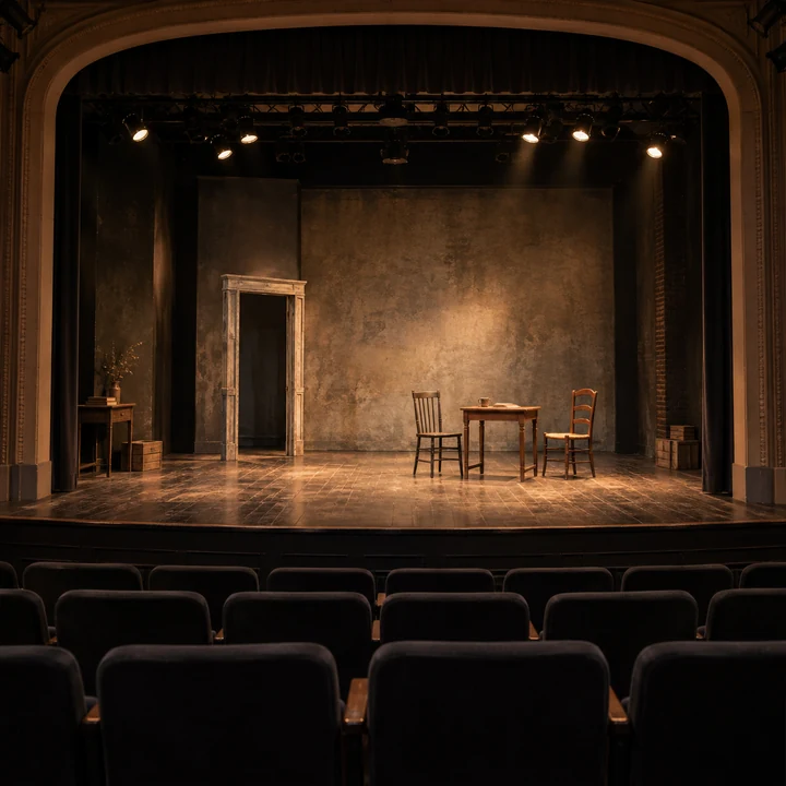 An empty theatre with a warmly lit dramatic set of chairs, a table and a doorframe