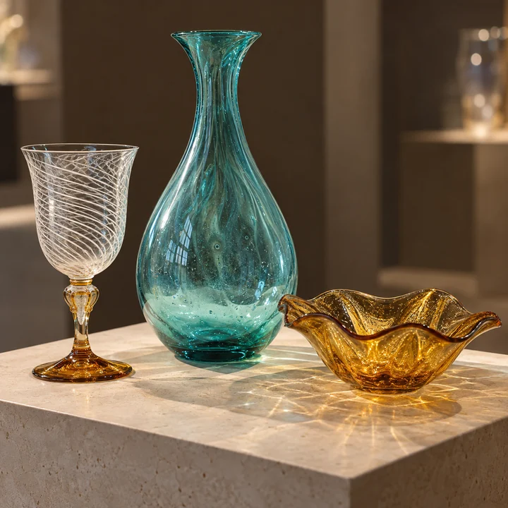 An aquamarine blown-glass vase, a goblet with white filigree and an amber bowl on a pale museum plinth